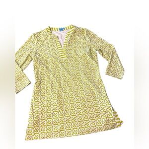 J. McLaughlin Boca Catalina Cloth Green/White Print Tunic Top Sz M